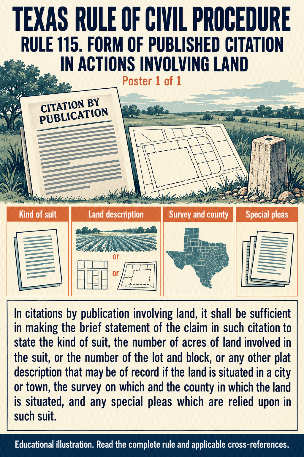 Texas Rule 115: Form of published citation in actions involving land. Poster 1 of 1.