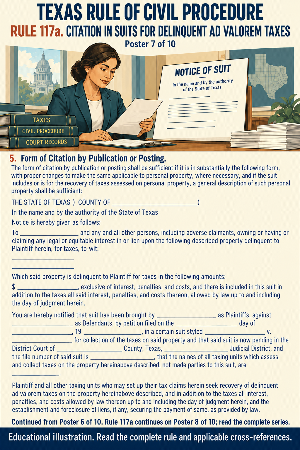 Texas Rule 117a: Citation in suits for delinquent ad valorem taxes. Poster 7 of 10.