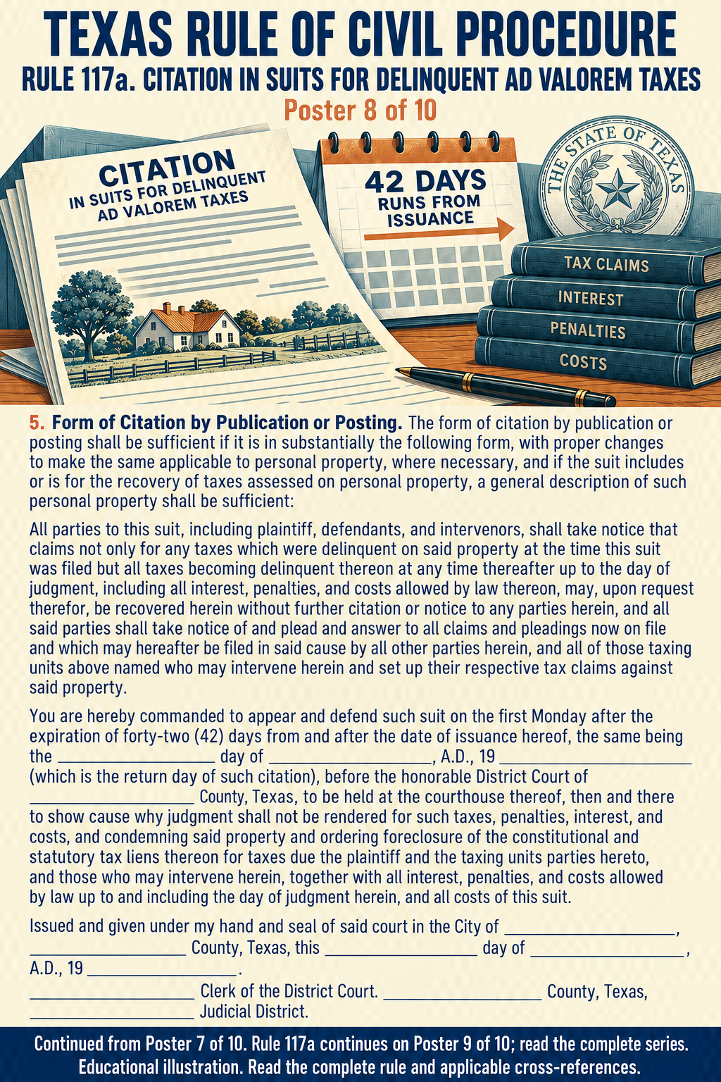 Texas Rule 117a: Citation in suits for delinquent ad valorem taxes. Poster 8 of 10.
